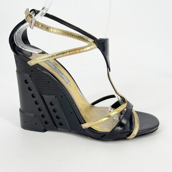 Prada Fall 2014 Runway Black Gold Industrial Metal Wedge Sandal size IT 38.5 - Picture 2 of 15